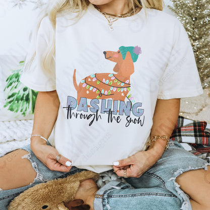 Dashing Through The Snow Sublimation Design PNG Digital Download Printable Dachshund Weenie Weenier Dog Christmas Lights Winter Cute Girls