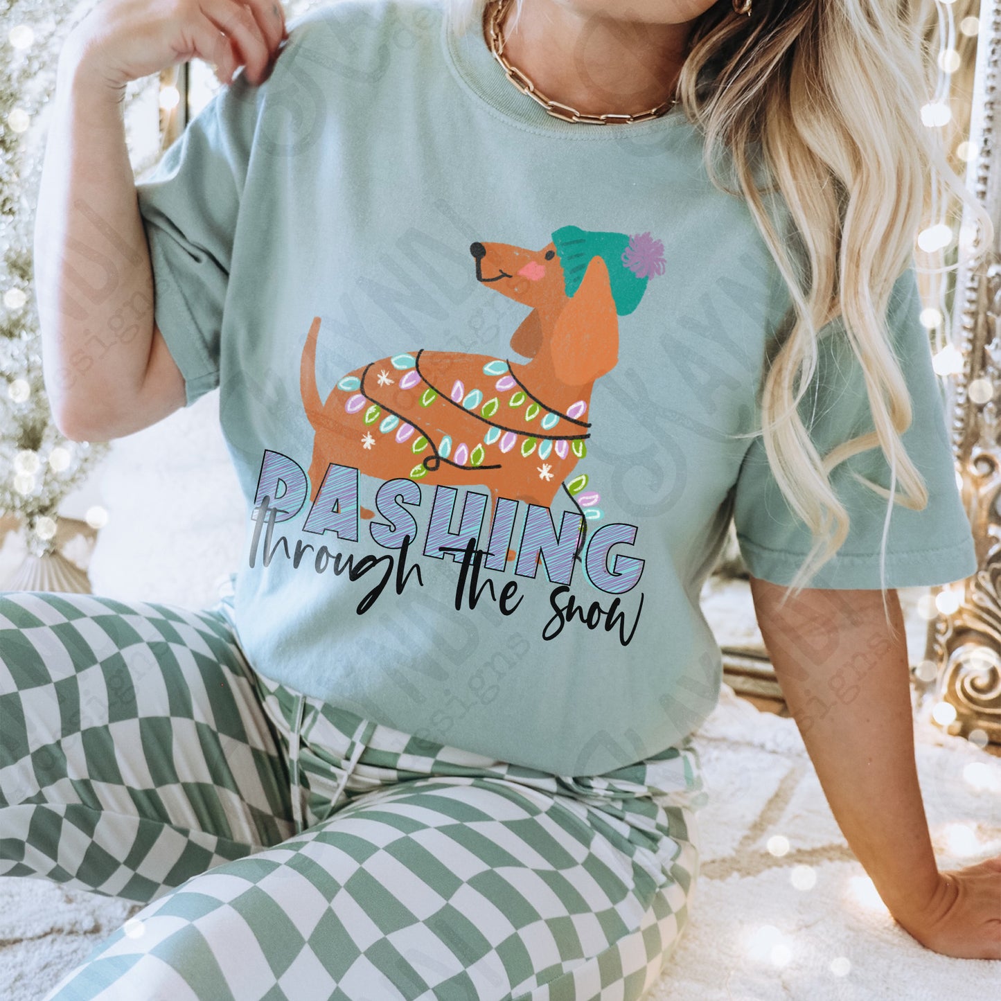 Dashing Through The Snow Sublimation Design PNG Digital Download Printable Dachshund Weenie Weenier Dog Christmas Lights Winter Cute Girls