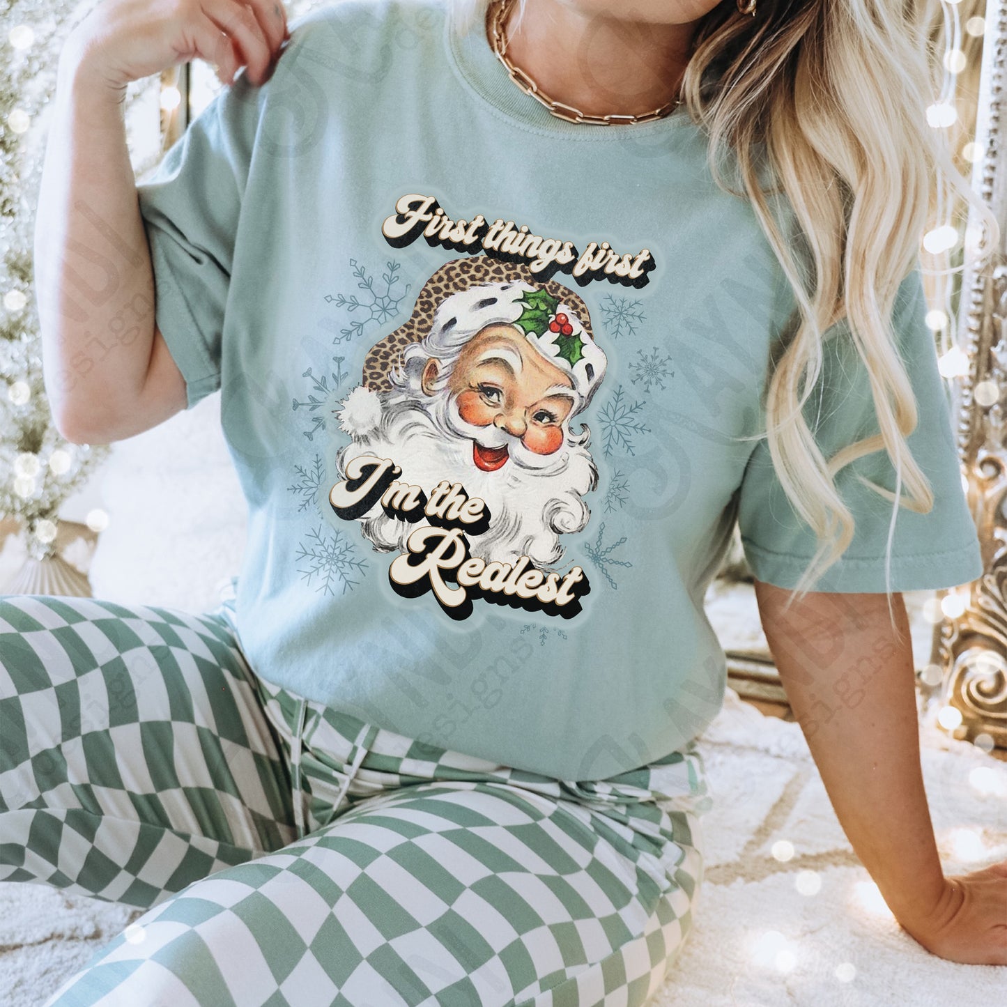 First Things First Im The Realest Santa Sublimation Design PNG Digital Download Printable Leopard Cheetah Blue Snowflakes
