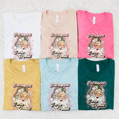 First Things First Im The Realest Santa Sublimation Design PNG Digital Download Printable Leopard Cheetah Dusty Pink Rose Gold Snowflakes