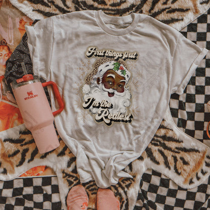 First Things First Im The Realest Santa Sublimation Design PNG Digital Download Printable Leopard Cheetah Beige Snowflakes African American