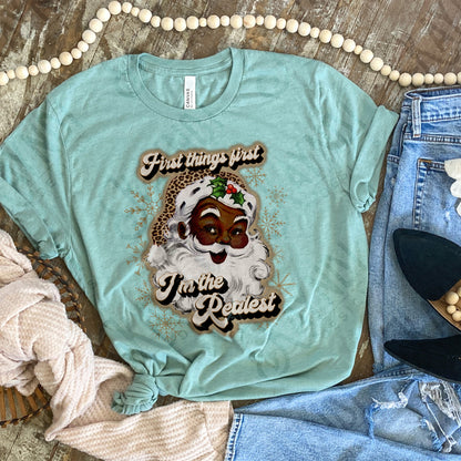 First Things First Im The Realest Santa Sublimation Design PNG Digital Download Printable Leopard Cheetah Beige Snowflakes African American