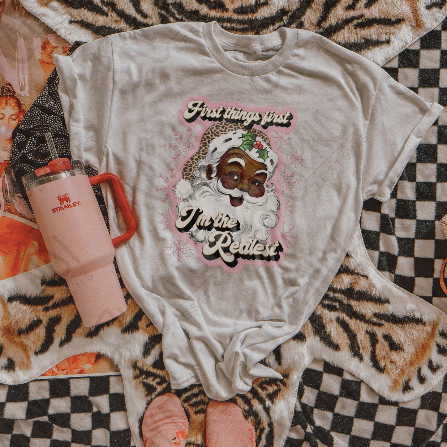 First Things First Im The Realest Santa Sublimation Design PNG Digital Download Printable Leopard Cheetah Pink Snowflakes African American