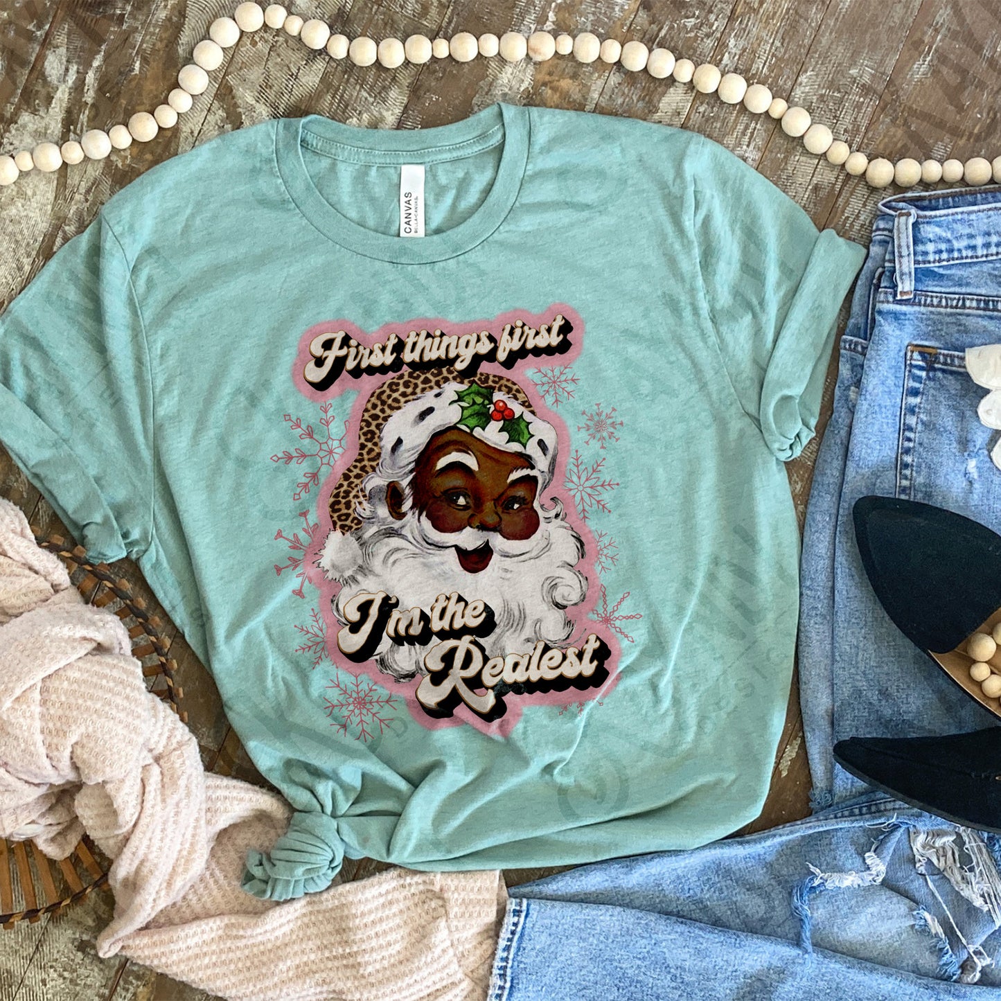 First Things First Im The Realest Santa Sublimation Design PNG Digital Download Printable Leopard Cheetah Pink Snowflakes African American