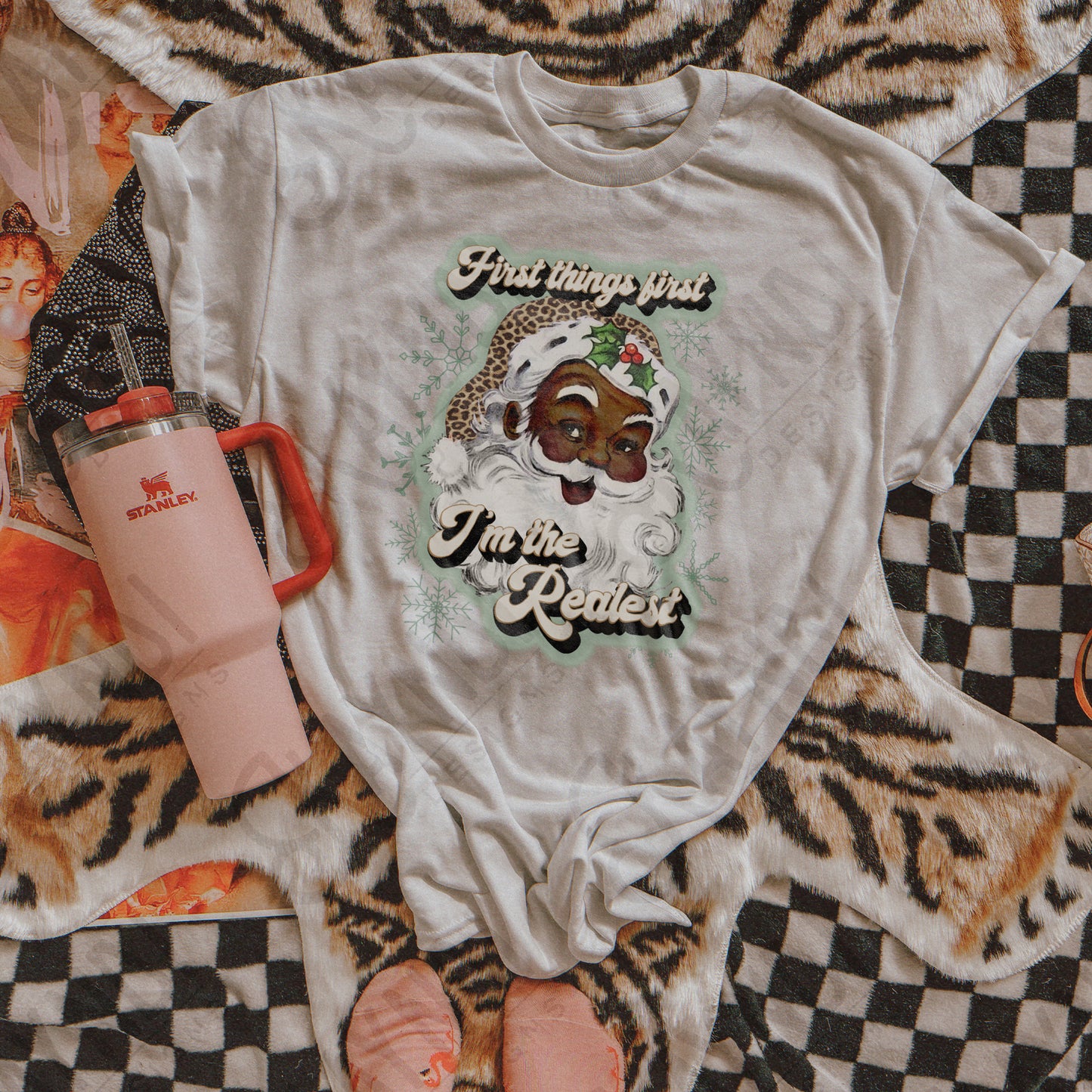 First Things First Im The Realest Santa Sublimation Design PNG Digital Download Printable Leopard Cheetah Green Snowflakes African American