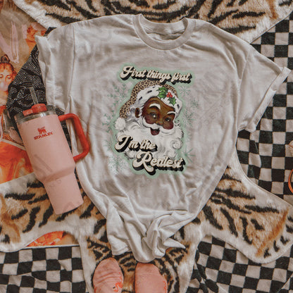 First Things First Im The Realest Santa Sublimation Design PNG Digital Download Printable Leopard Cheetah Green Snowflakes African American