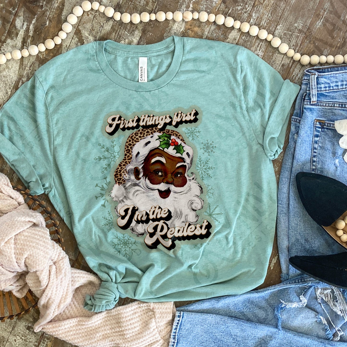 First Things First Im The Realest Santa Sublimation Design PNG Digital Download Printable Leopard Cheetah Green Snowflakes African American