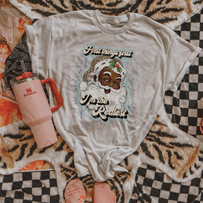 First Things First Im The Realest Santa Sublimation Design PNG Digital Download Printable Leopard Cheetah Blue Snowflakes African American