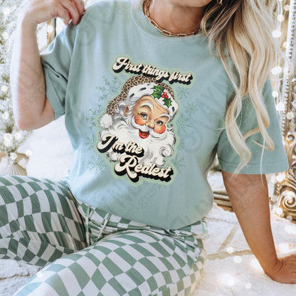 First Things First Im The Realest Santa Sublimation Design PNG Digital Download Printable Leopard Cheetah Sage Green Snowflakes