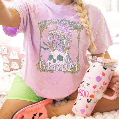 Bloom Through the Gloom Sublimation Design PNG Digital Download Printable Skull Vintage Flowers Floral Rocker Edgy Grunge Distressed