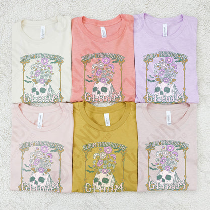 Bloom Through the Gloom Sublimation Design PNG Digital Download Printable Skull Vintage Flowers Floral Rocker Edgy Grunge Distressed