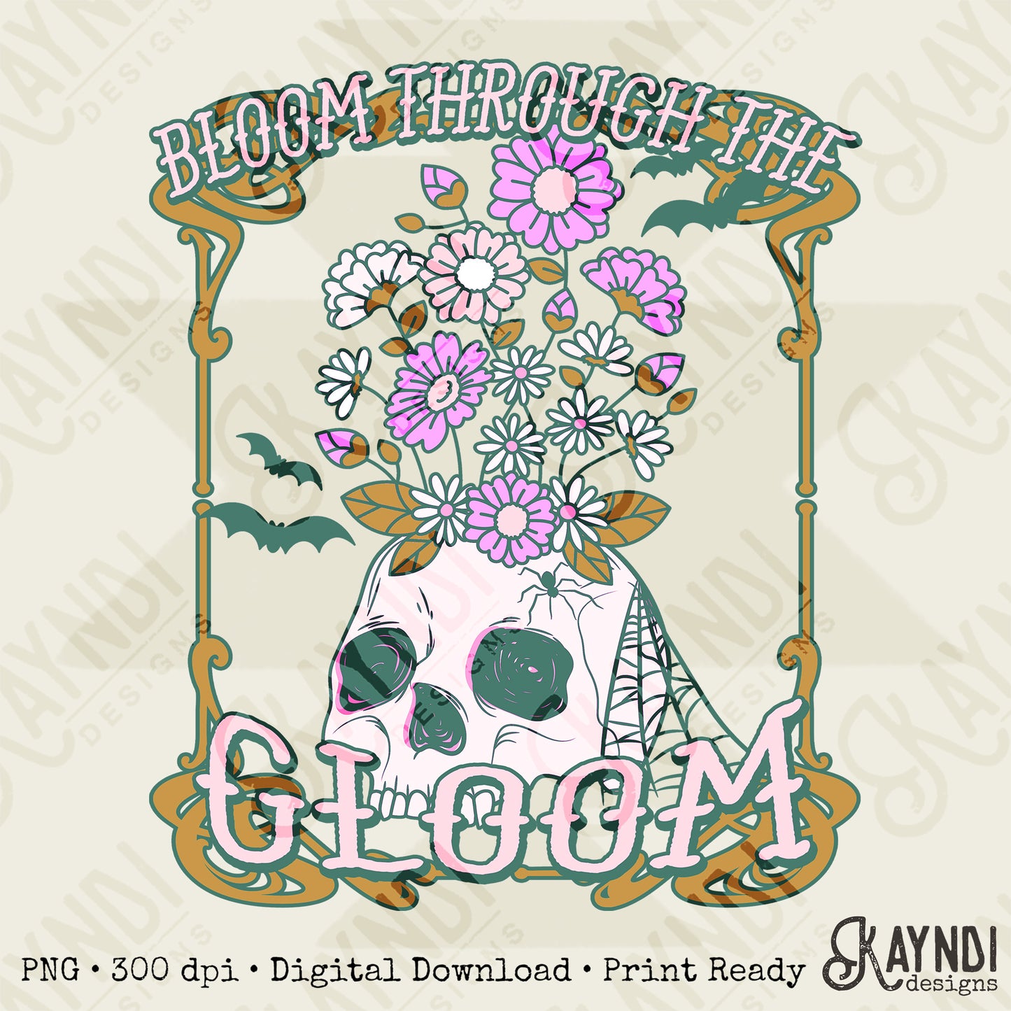 Bloom Through the Gloom Sublimation Design PNG Digital Download Printable Skull Vintage Flowers Floral Rocker Edgy Grunge Distressed