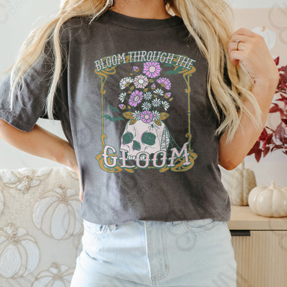 Bloom Through the Gloom Sublimation Design PNG Digital Download Printable Skull Vintage Flowers Floral Rocker Edgy Grunge Distressed