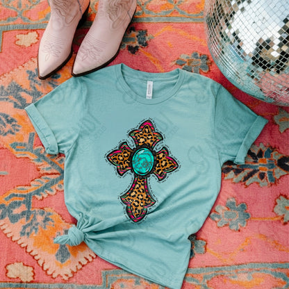 God is Good All the Time Cross Sublimation Design PNG Digital Download Faith Cross Turquoise Leopard Serape