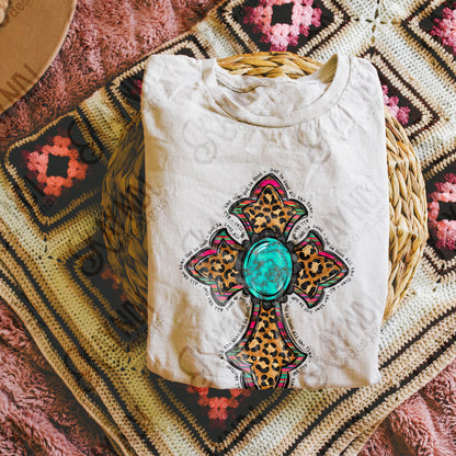 God is Good All the Time Cross Sublimation Design PNG Digital Download Faith Cross Turquoise Leopard Serape