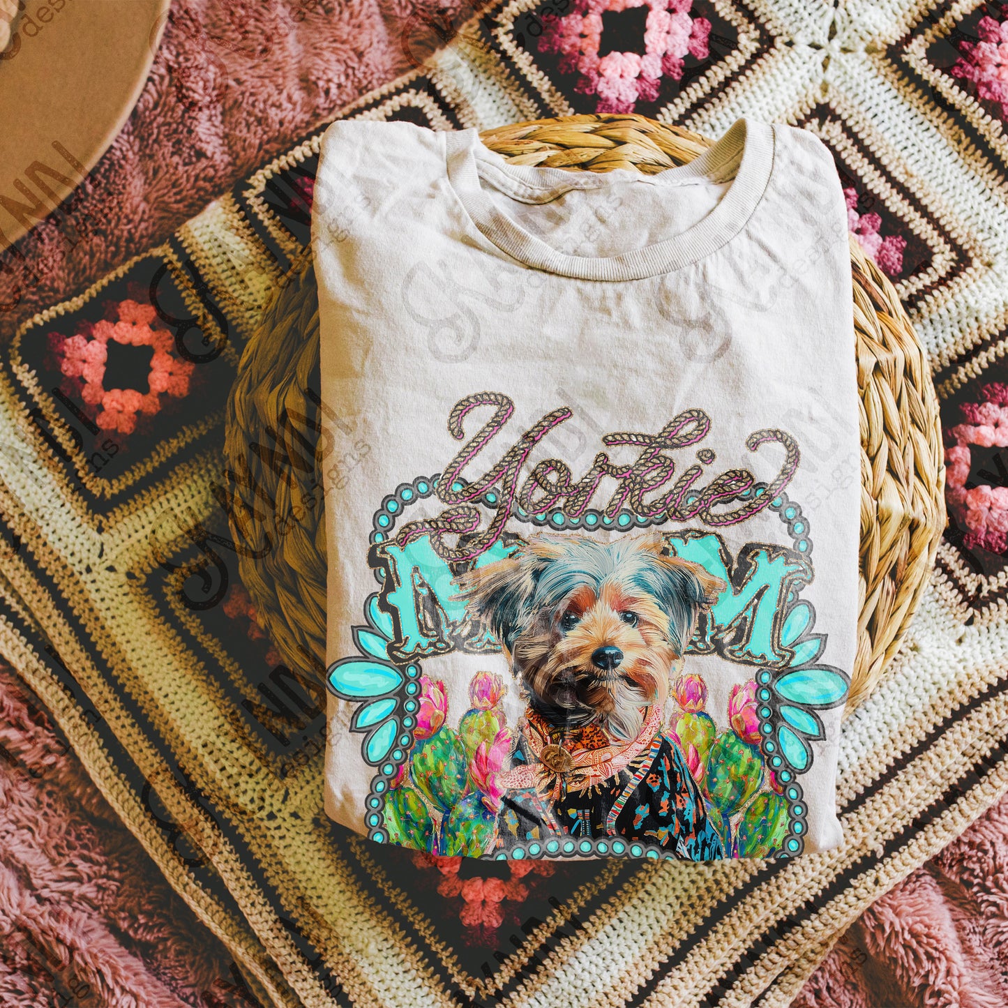 Yorkie Mom Sublimation Design PNG Digital Download Dog Turquoise Cactus Western Preppy