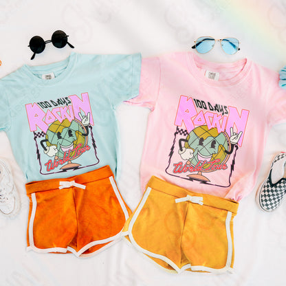 100 Days Rockin World Tour Pink Sublimation Design PNG Digital Download Printable School Vintage Globe