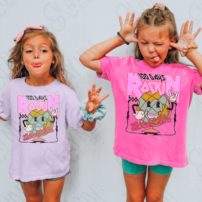 100 Days Rockin World Tour Pink Sublimation Design PNG Digital Download Printable School Vintage Globe