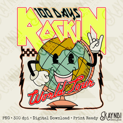 100 Days Rockin World Tour Yellow Sublimation Design PNG Digital Download Printable School Vintage Globe