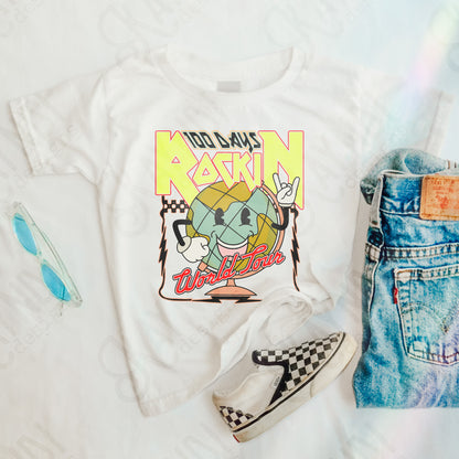 100 Days Rockin World Tour Yellow Sublimation Design PNG Digital Download Printable School Vintage Globe