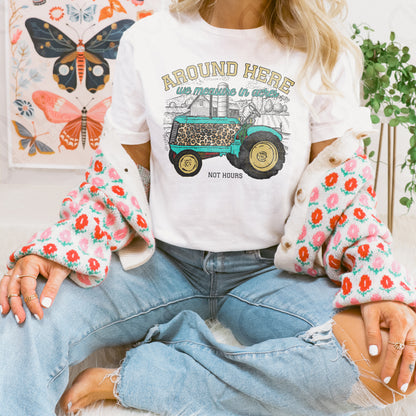 Around Here We Measure in Acres Yellow Sublimation Design PNG Digital Download Printable Farm Tractor Cheetah