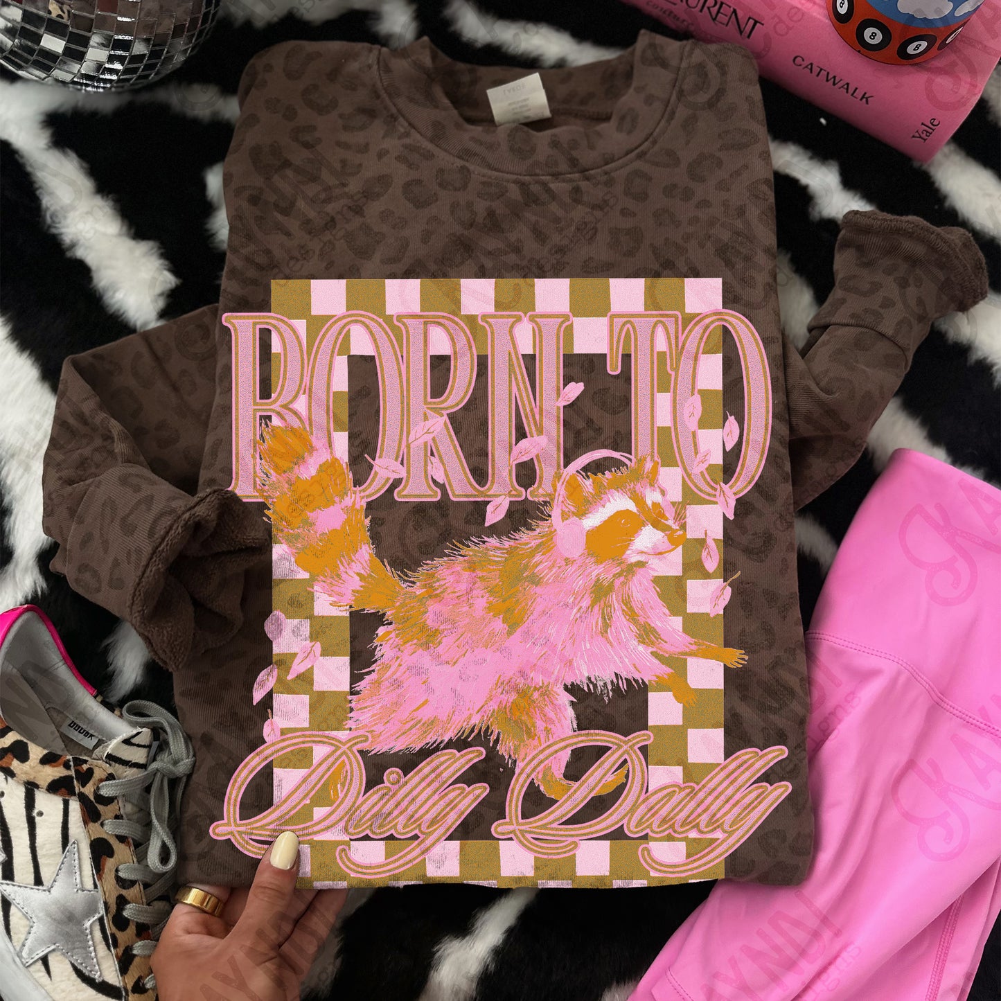 Born to Dilly Dally Sublimation Design PNG Digital Download Vintage Checker Raccoon