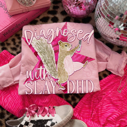 Diagnosed with SlayDHD with Phone Sublimation Design PNG Digital Download Pink Squirrel Star