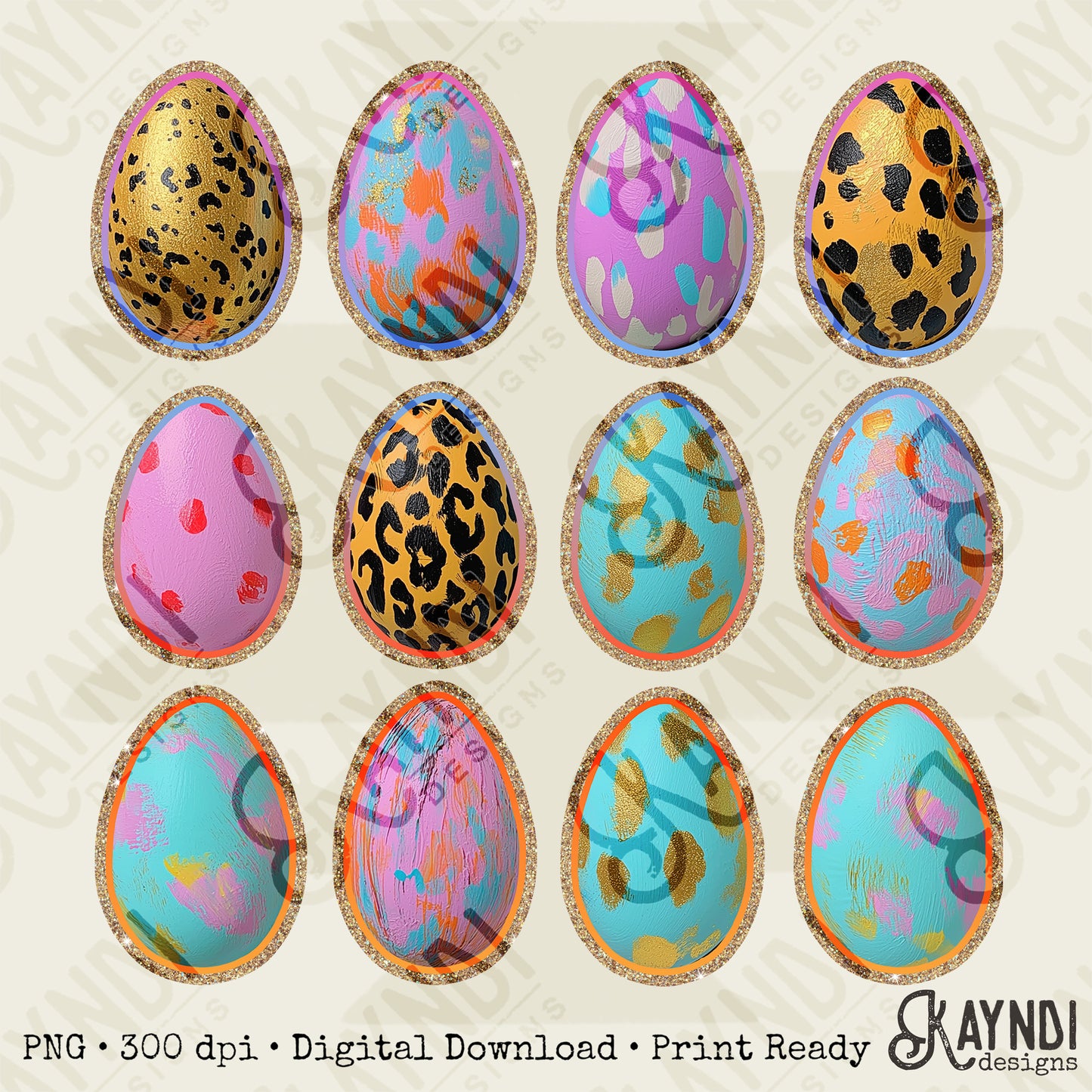 Easter Eggs Sublimation Design PNG Digital Download Pastel Gold Leopard