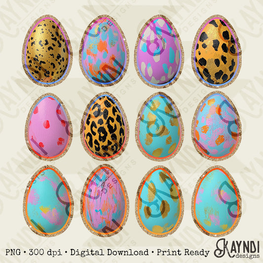 Easter Eggs Sublimation Design PNG Digital Download Pastel Gold Leopard