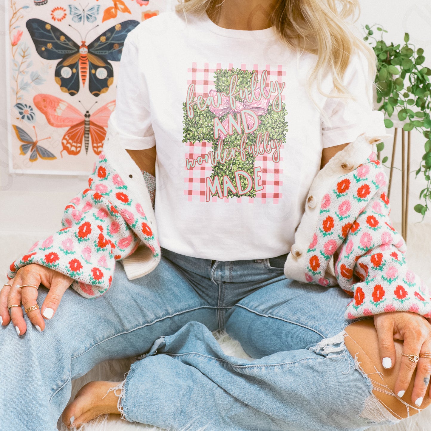 Fearfully and Wonderfully Made Sublimation Design PNG Digital Download Plaid Greenery Cross