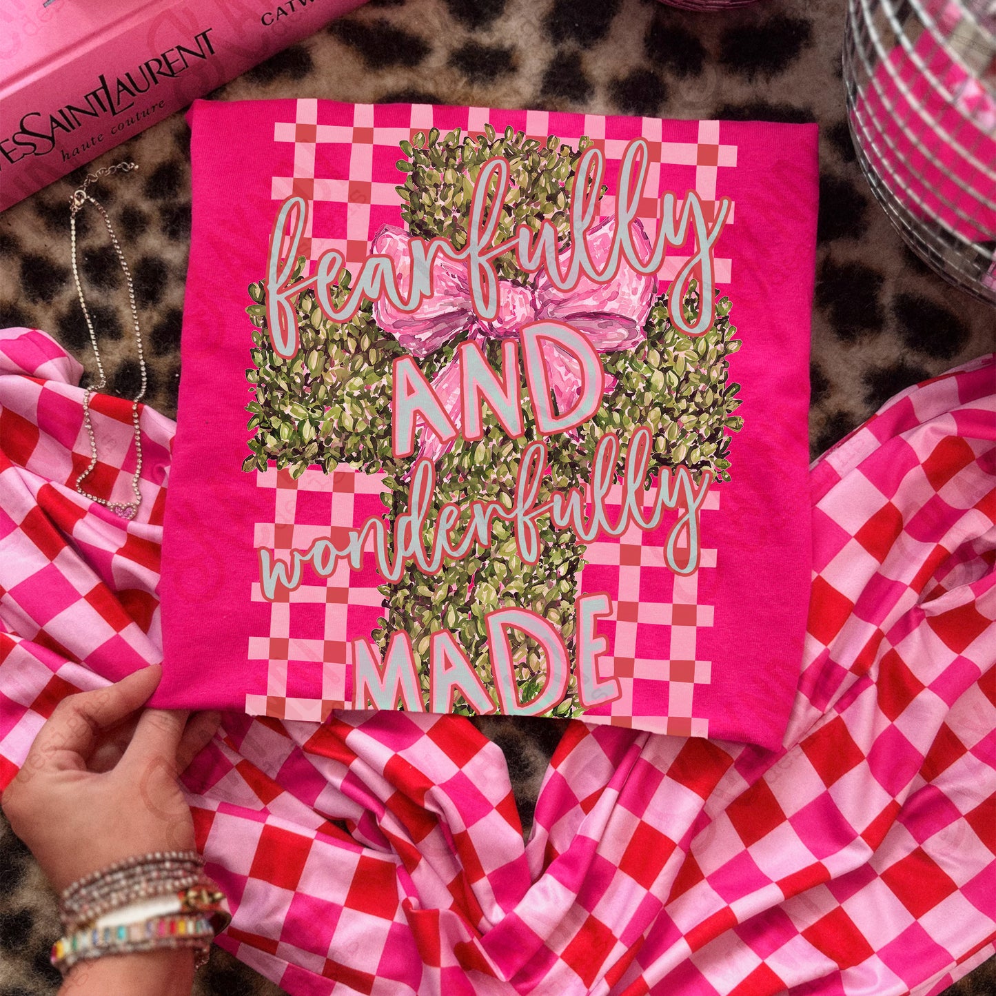 Fearfully and Wonderfully Made Sublimation Design PNG Digital Download Plaid Greenery Cross