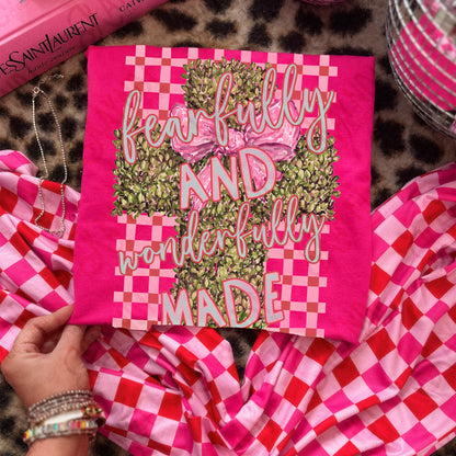 Fearfully and Wonderfully Made Sublimation Design PNG Digital Download Plaid Greenery Cross