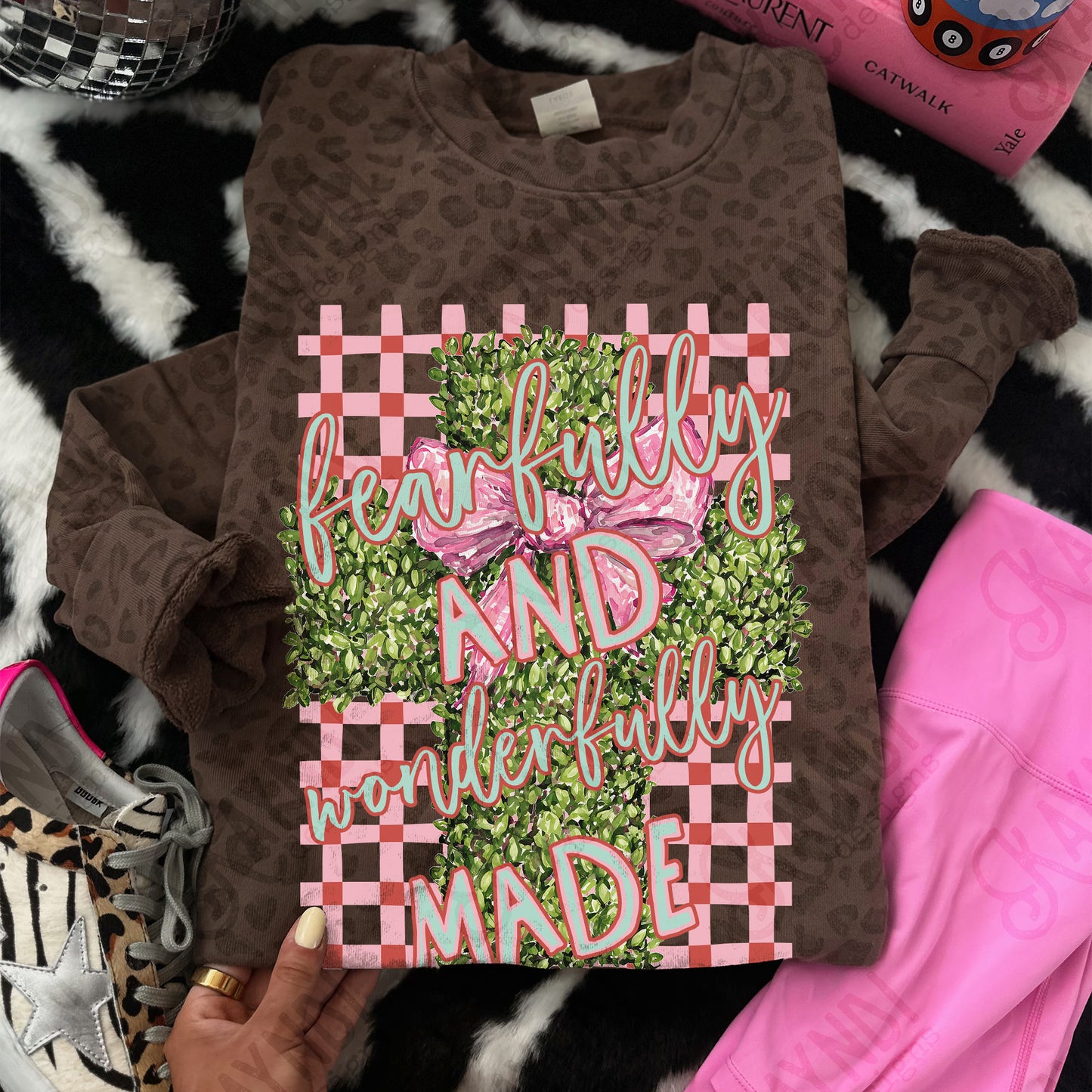 Fearfully and Wonderfully Made Sublimation Design PNG Digital Download Plaid Greenery Cross