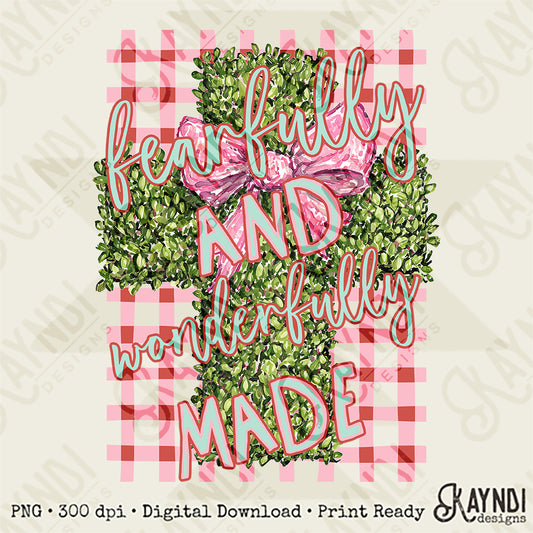 Fearfully and Wonderfully Made Sublimation Design PNG Digital Download Plaid Greenery Cross