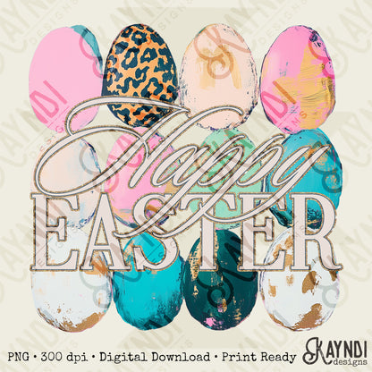 Happy Easter Eggs Sublimation Design PNG Digital Download Pastel Gold Leopard