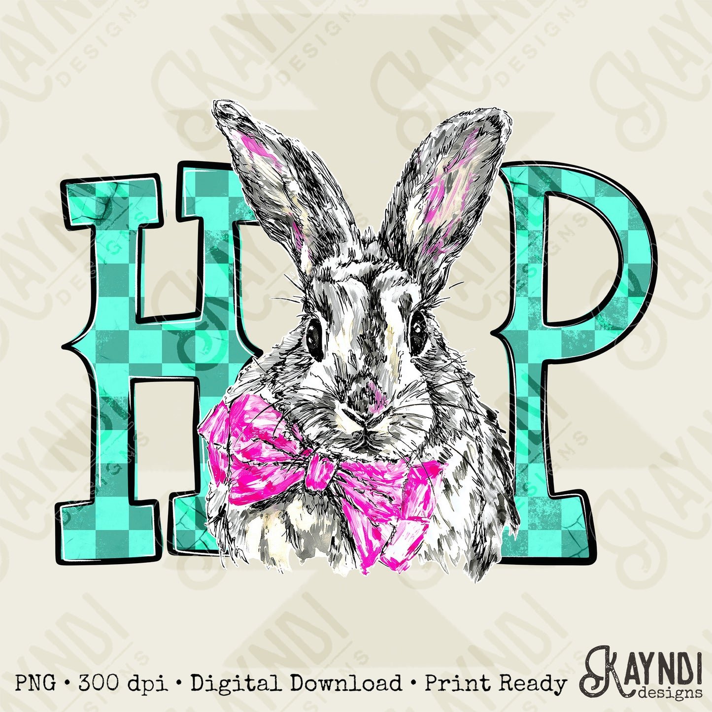 Hop Bunny Sublimation Design PNG Digital Download Easter Checker Bow