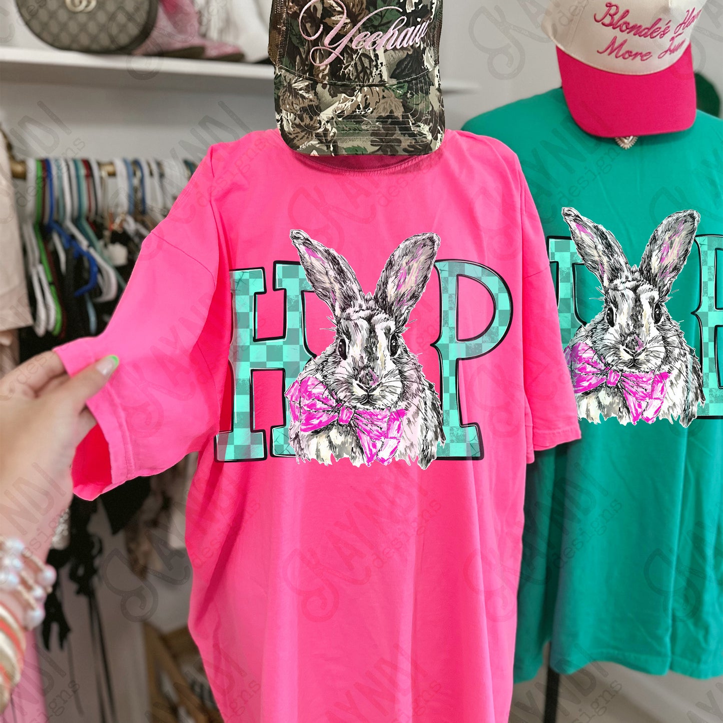 Hop Bunny Sublimation Design PNG Digital Download Easter Checker Bow