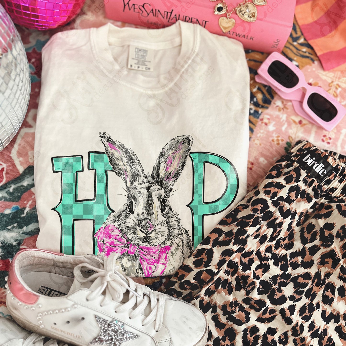 Hop Bunny Sublimation Design PNG Digital Download Easter Checker Bow