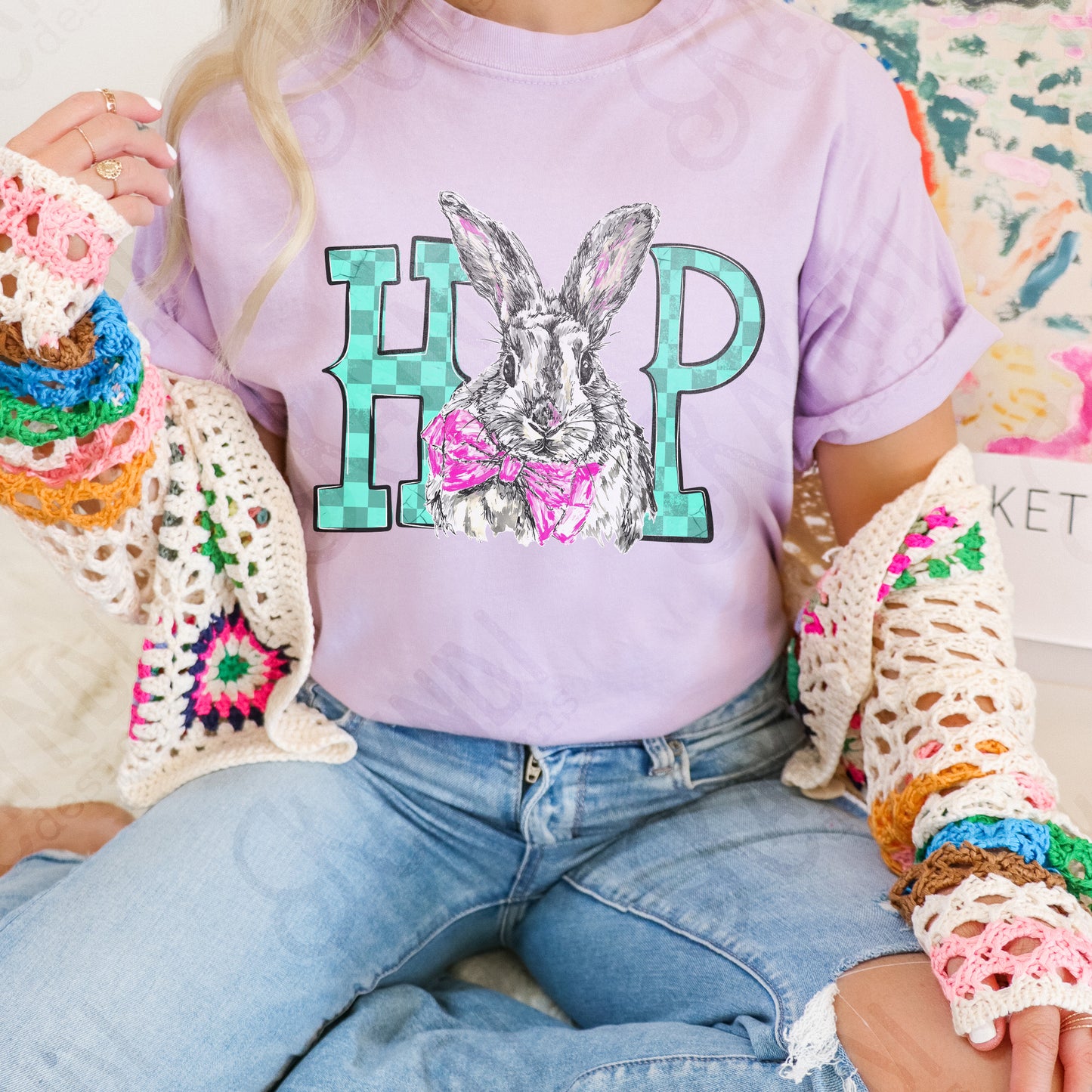 Hop Bunny Sublimation Design PNG Digital Download Easter Checker Bow