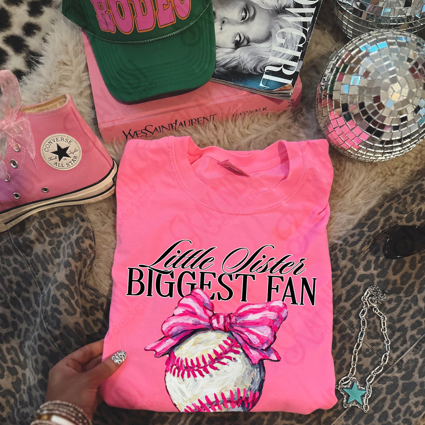 Little Sister Biggest Fan Sublimation Design PNG Digital Download Pink Baseball Bow