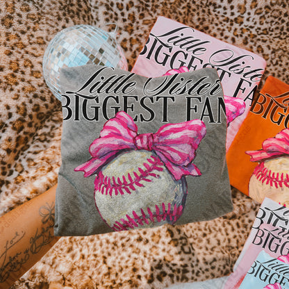 Little Sister Biggest Fan Sublimation Design PNG Digital Download Pink Baseball Bow