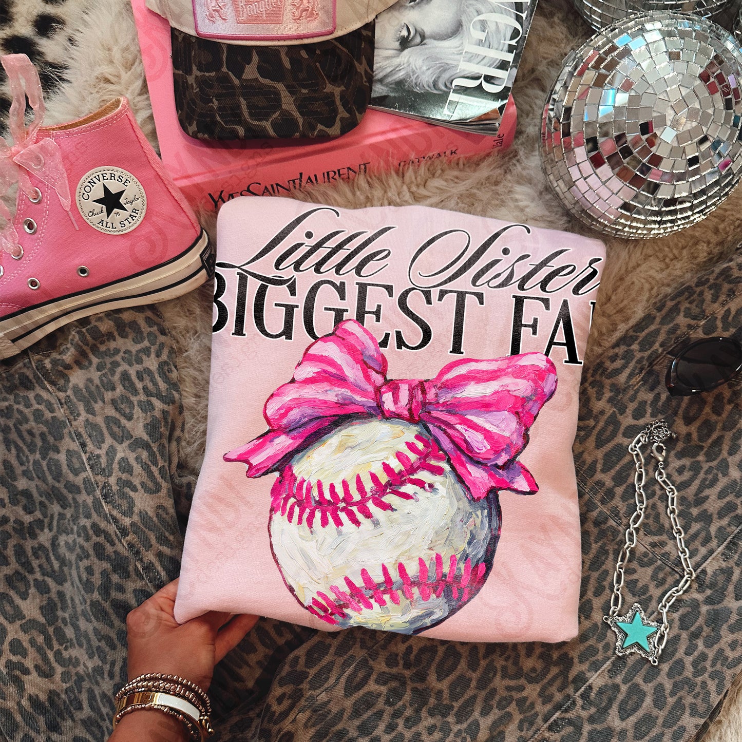 Little Sister Biggest Fan Sublimation Design PNG Digital Download Pink Baseball Bow