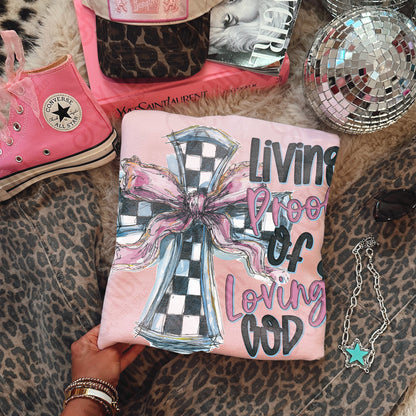Living Proof of a Loving God Sublimation Design PNG Digital Download Checker Cross Bow
