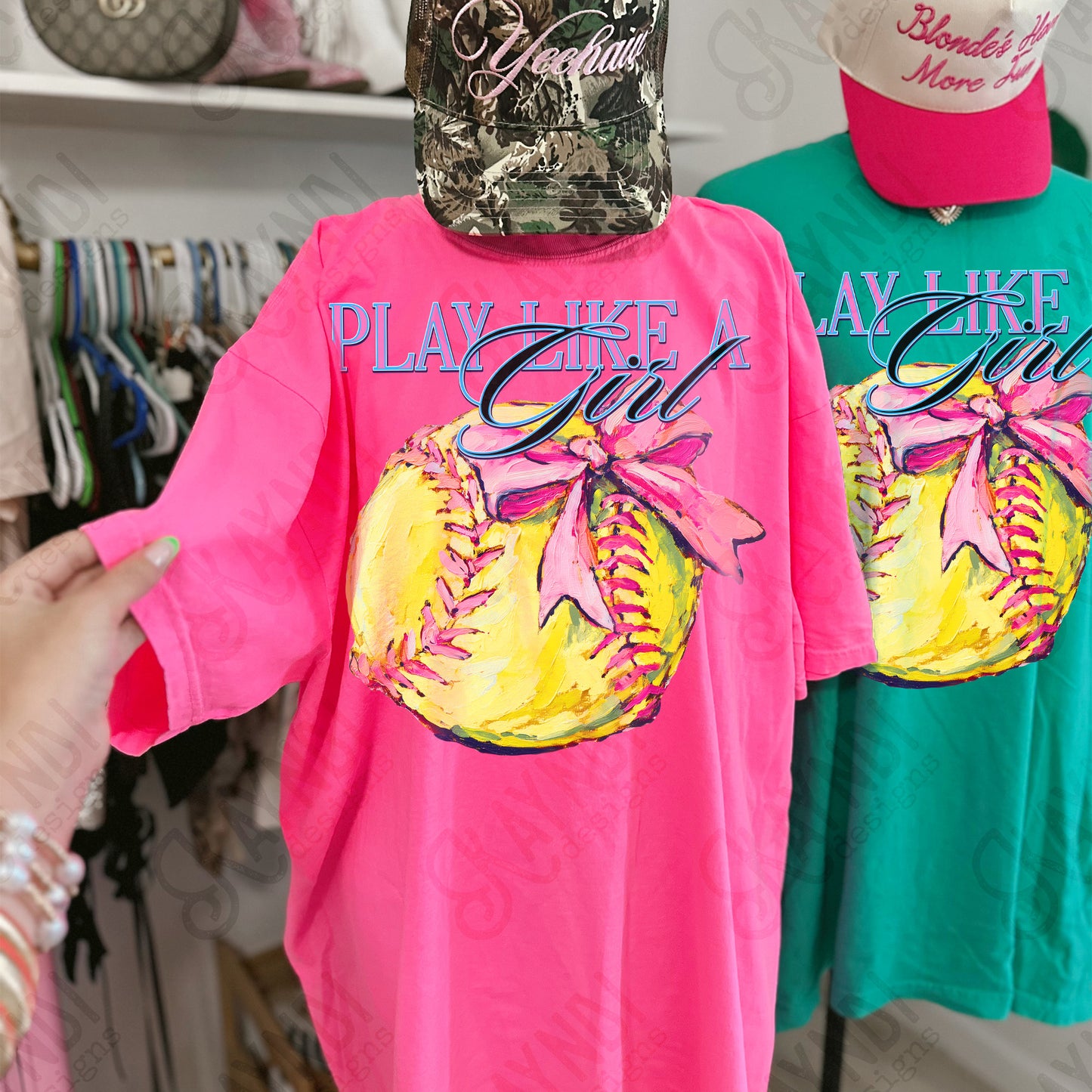 Play Like a Girl Softball Sublimation Design PNG Digital Download Pink Bow Sport
