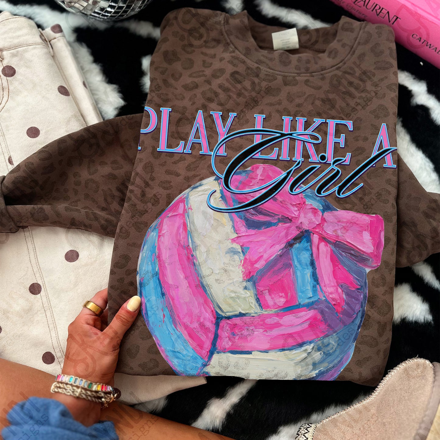 Play Like a Girl Volleyball Sublimation Design PNG Digital Download Pink Bow Sport