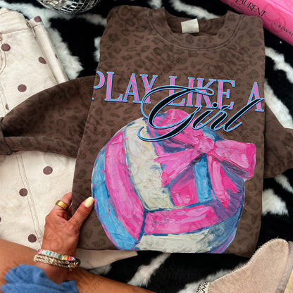 Play Like a Girl Volleyball Sublimation Design PNG Digital Download Pink Bow Sport