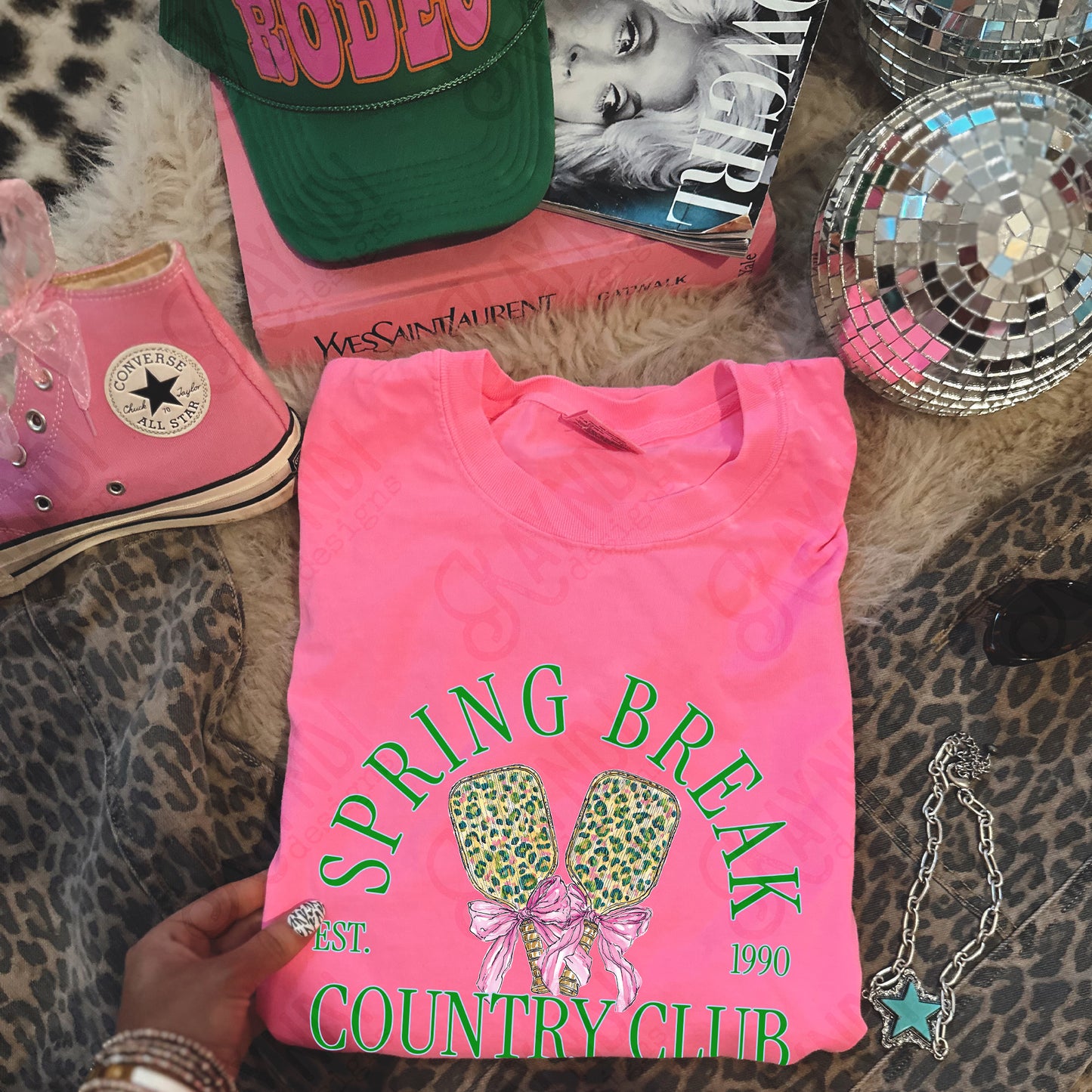 Spring Break Country Club Pickleball Sublimation Design PNG Digital Download Green Leopard Bow