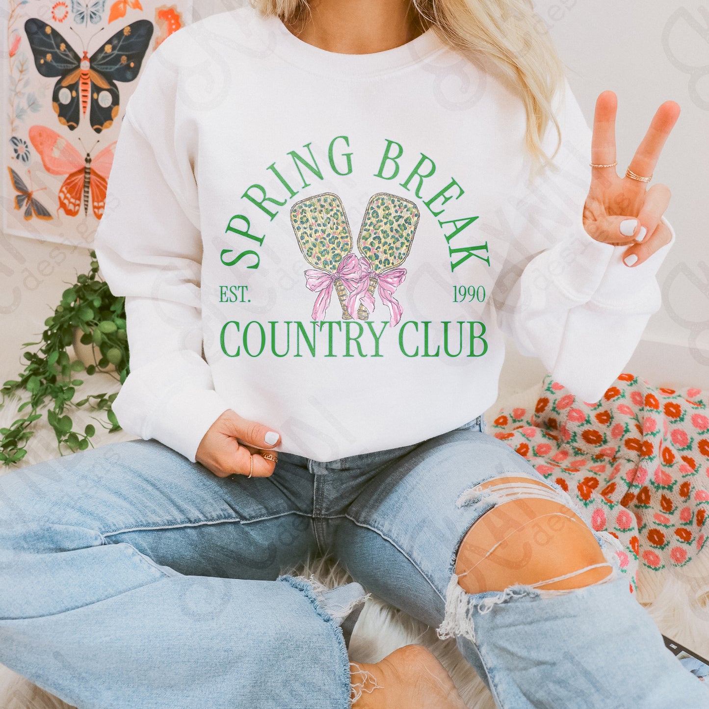 Spring Break Country Club Pickleball Sublimation Design PNG Digital Download Green Leopard Bow