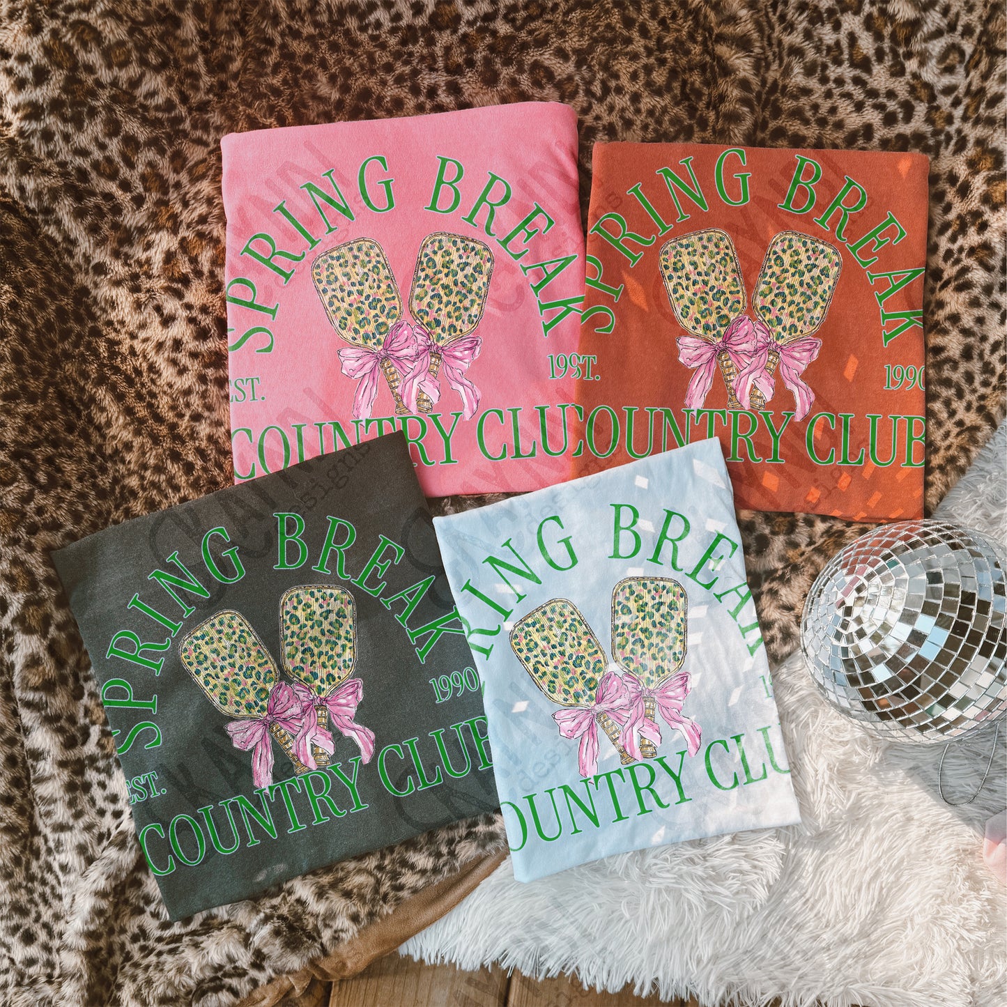 Spring Break Country Club Pickleball Sublimation Design PNG Digital Download Green Leopard Bow
