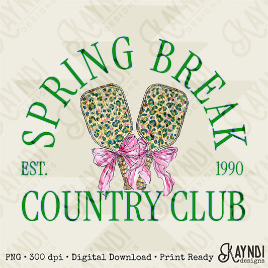 Spring Break Country Club Pickleball Sublimation Design PNG Digital Download Green Leopard Bow